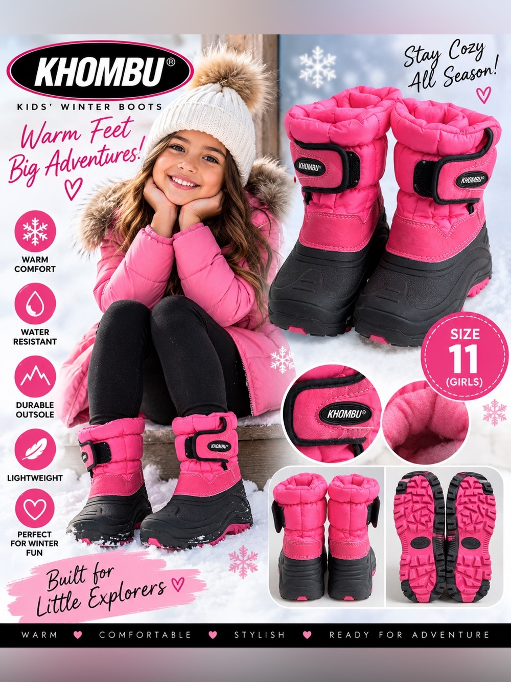 KHOMBU Snow Trekker Girls Size 11M Pink Black Winter Snow Boots Faux Fur